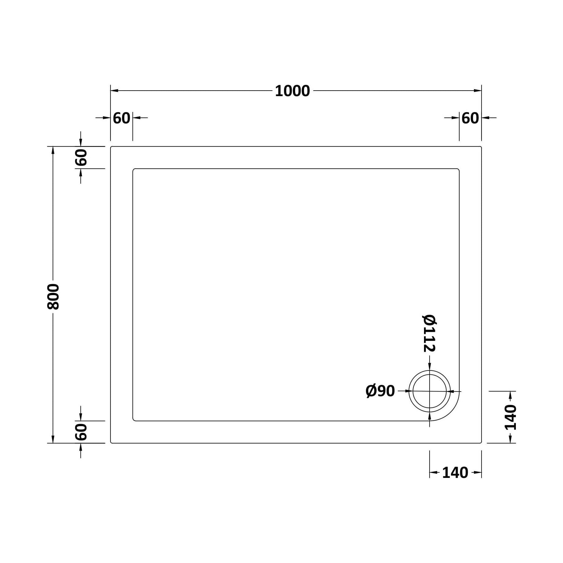 [BETSR013] Slip Resistant Slimline Rectangular Shower Tray - Choice of Size - Technical Drawing
