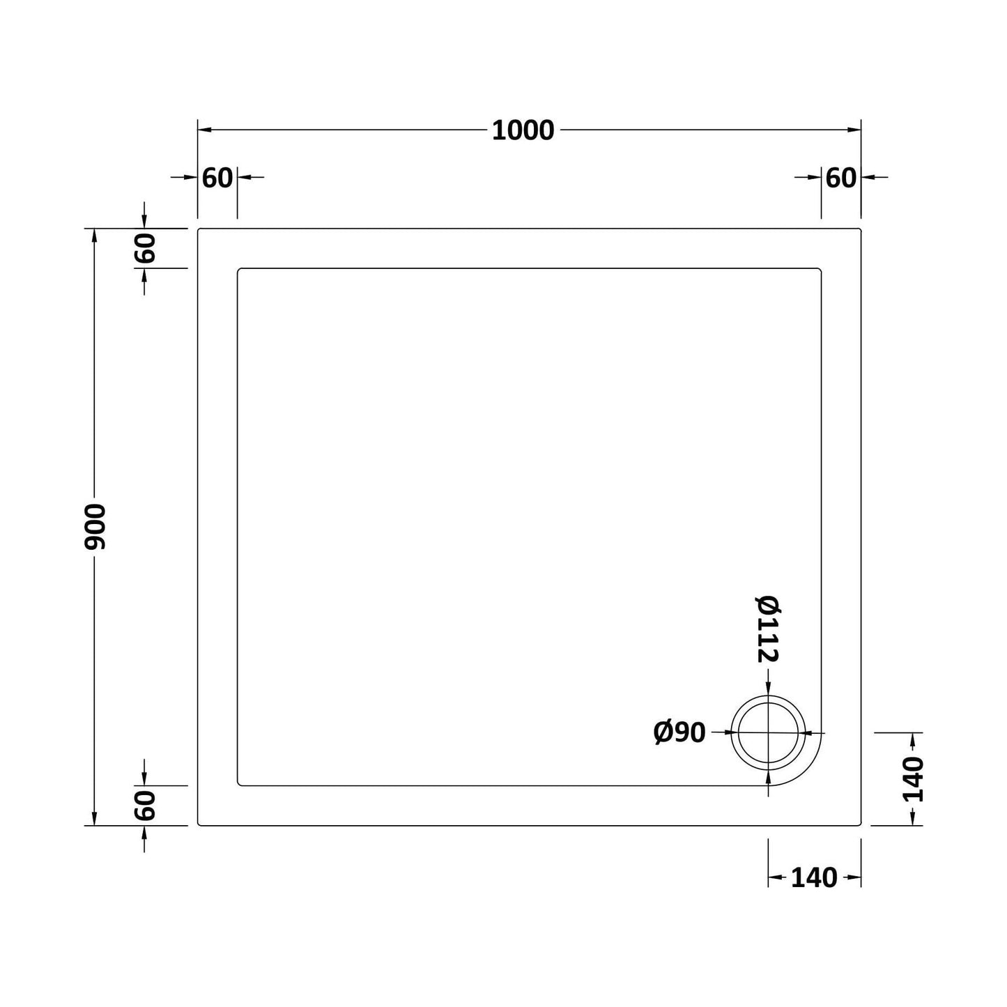 [BETSR014] Slip Resistant Slimline Rectangular Shower Tray - Choice of Size - Technical Drawing