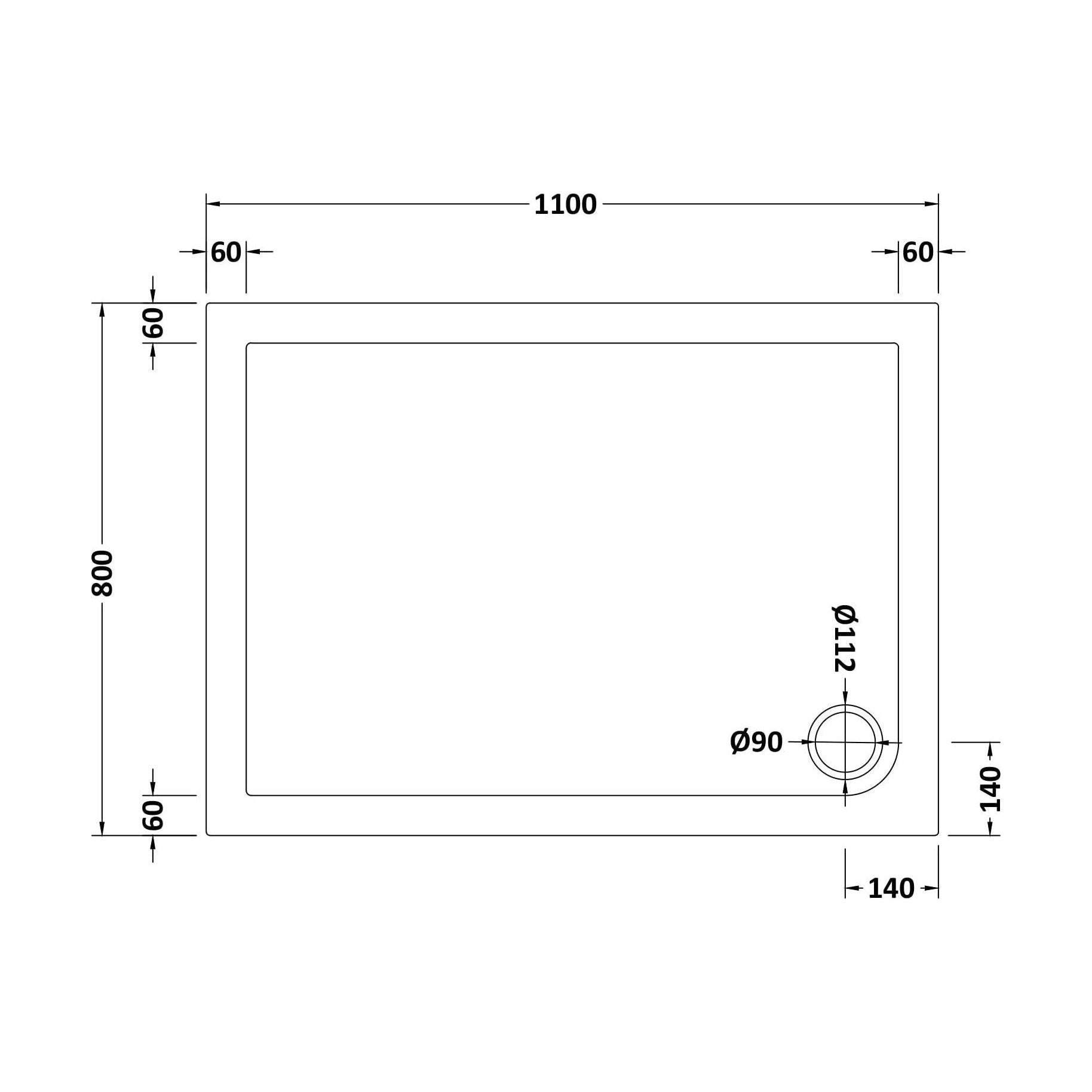 [BETSR018] Slip Resistant Slimline Rectangular Shower Tray - Choice of Size - Technical Drawing