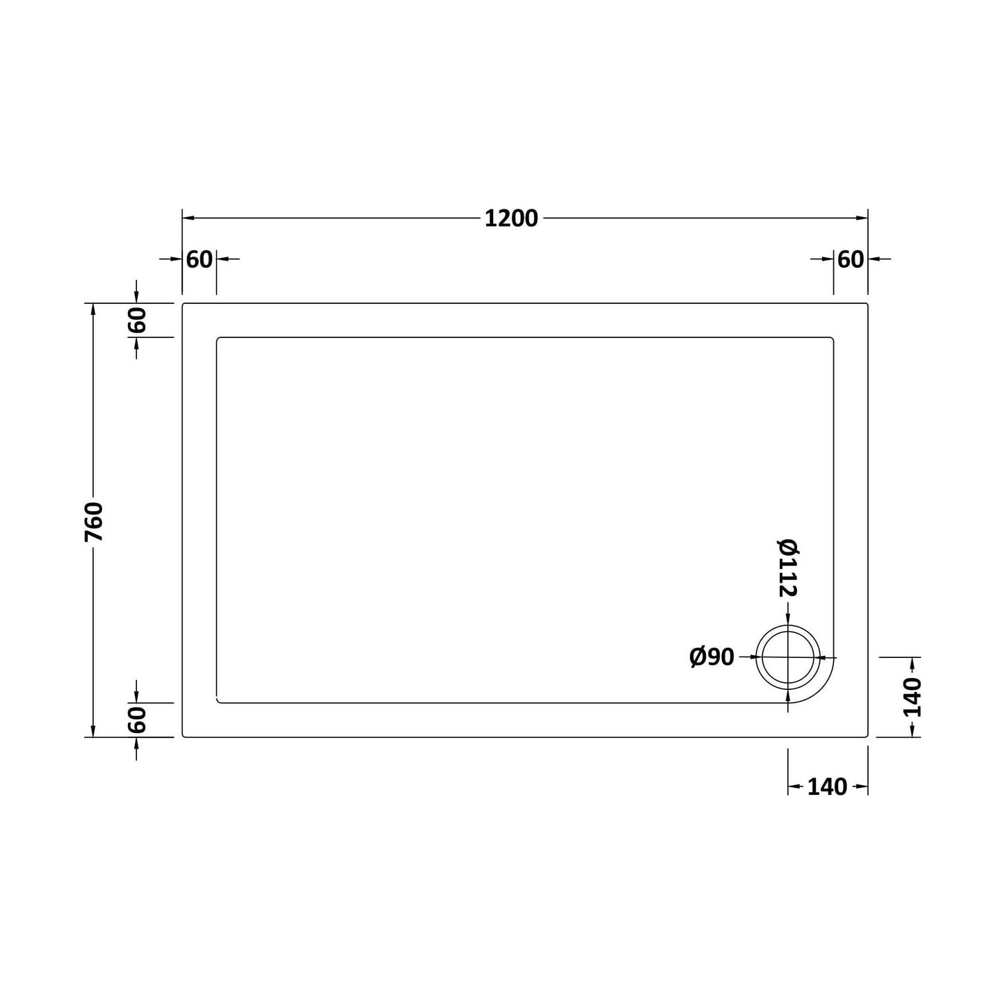 [BETSR022] Slip Resistant Slimline Rectangular Shower Tray - Choice of Size - Technical Drawing
