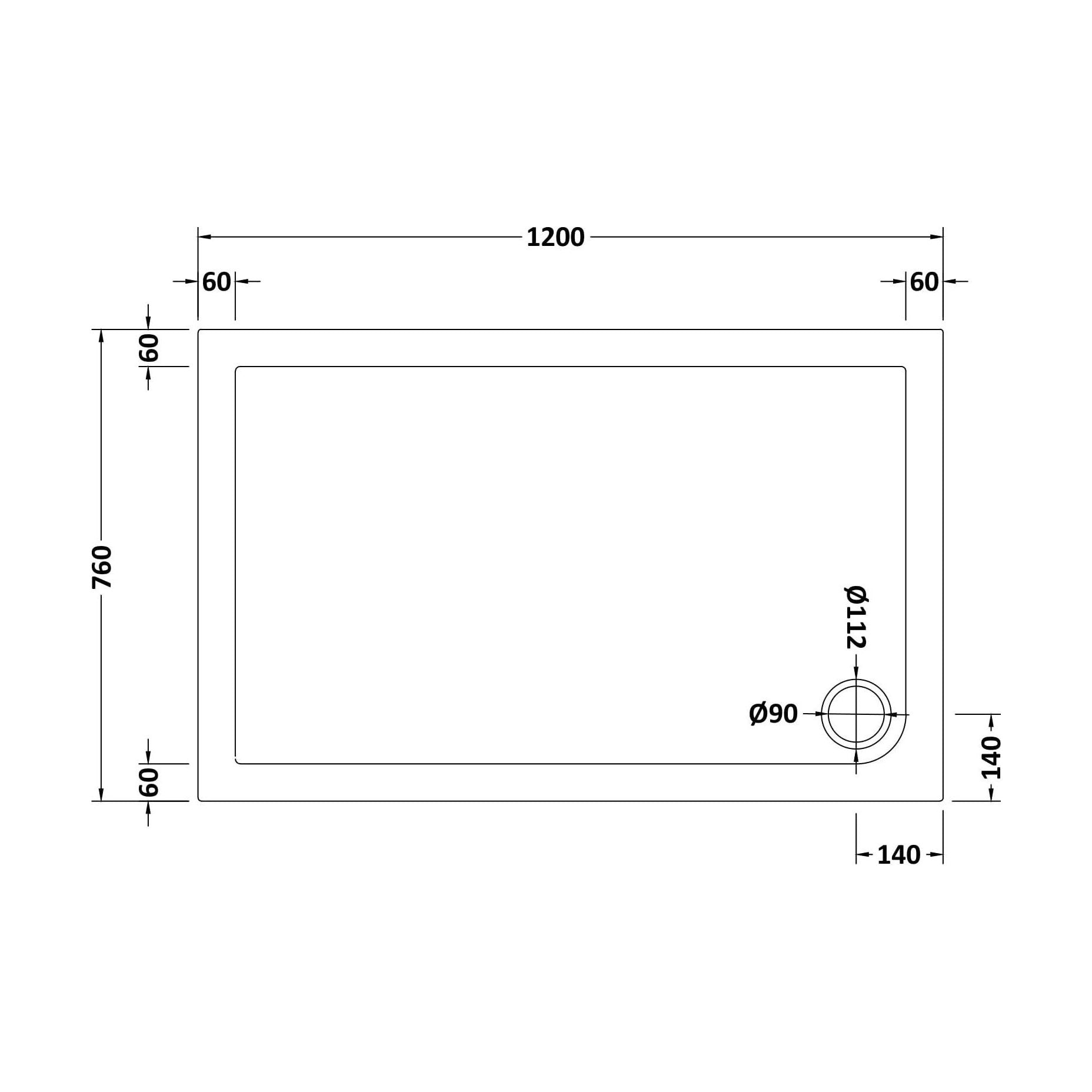 [BETSR022] Slip Resistant Slimline Rectangular Shower Tray - Choice of Size - Technical Drawing