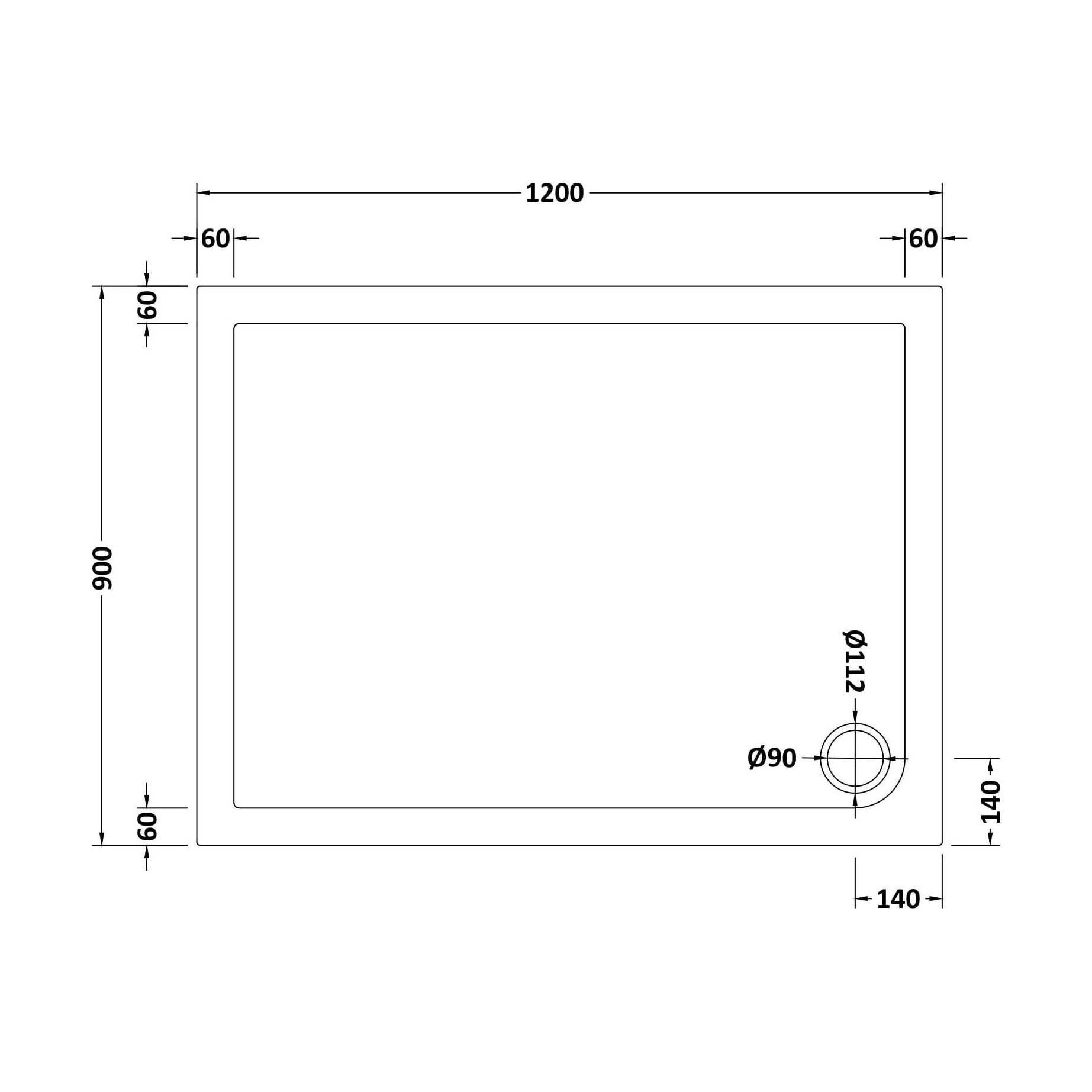 [BETSR024] Slip Resistant Slimline Rectangular Shower Tray - Choice of Size - Technical Drawing