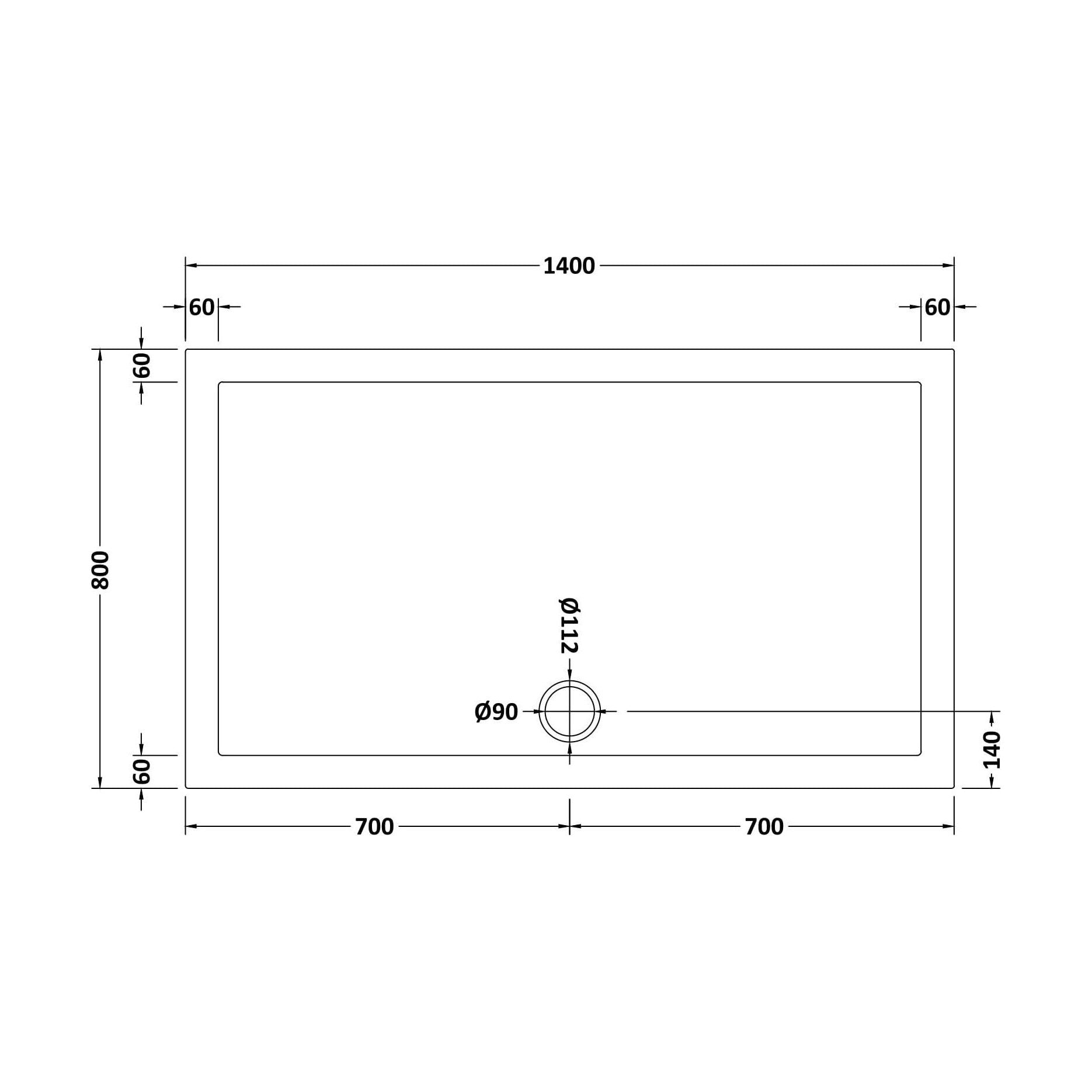 [BETSR033] Slip Resistant Slimline Rectangular Shower Tray - Choice of Size - Technical Drawing