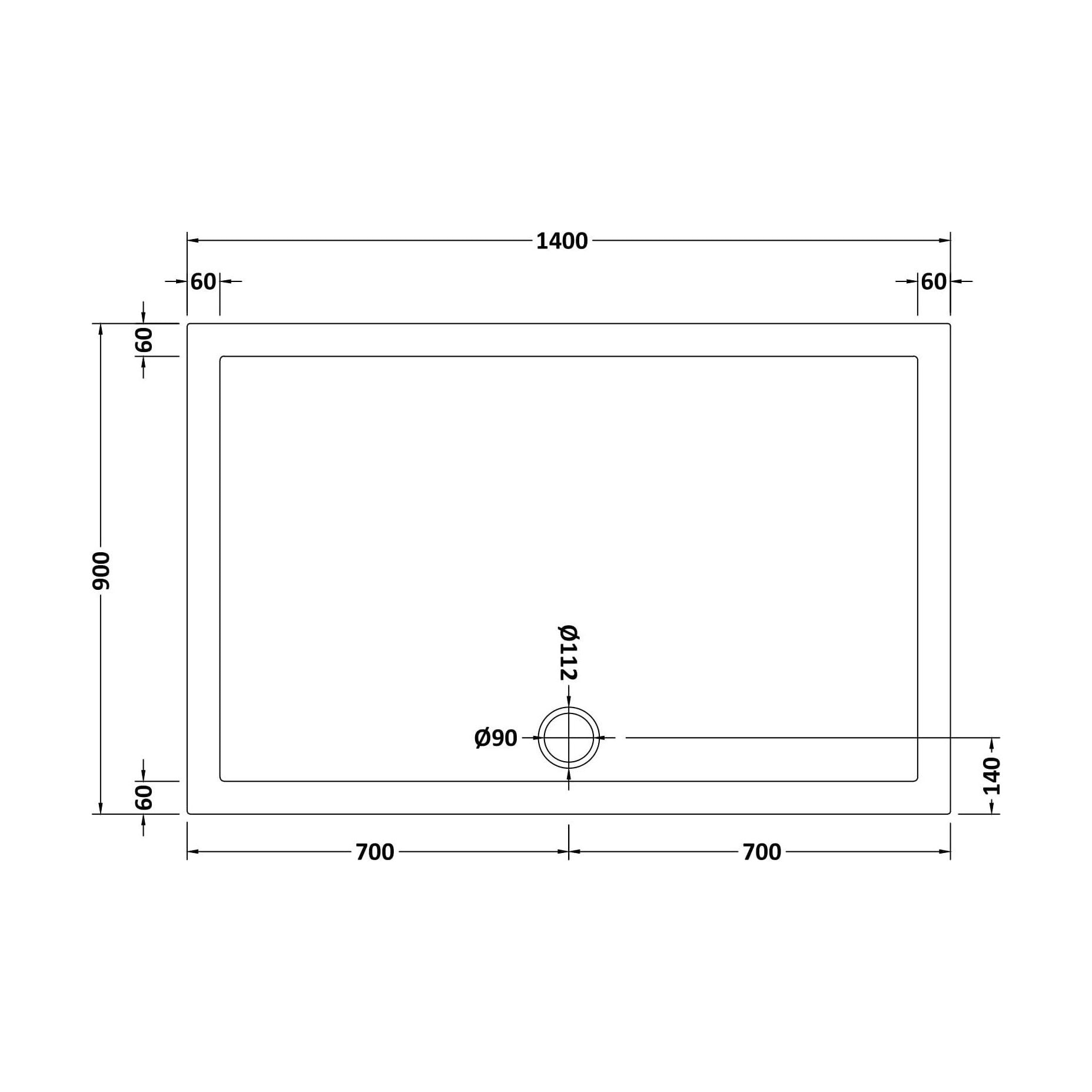 [BETSR034] Slip Resistant Slimline Rectangular Shower Tray - Choice of Size - Technical Drawing