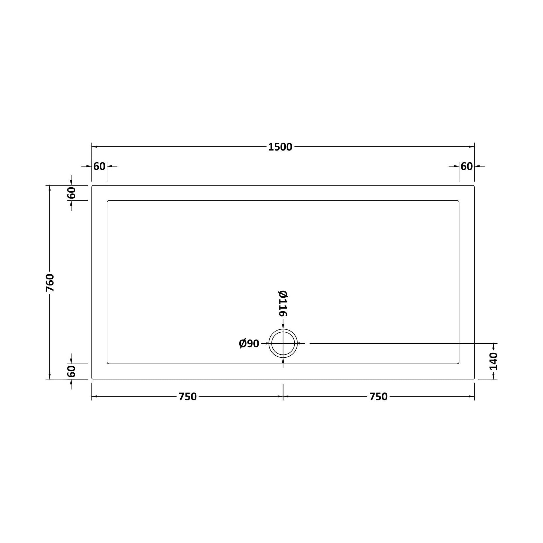 [BETSR042] Slip Resistant Slimline Rectangular Shower Tray - Choice of Size - Technical Drawing