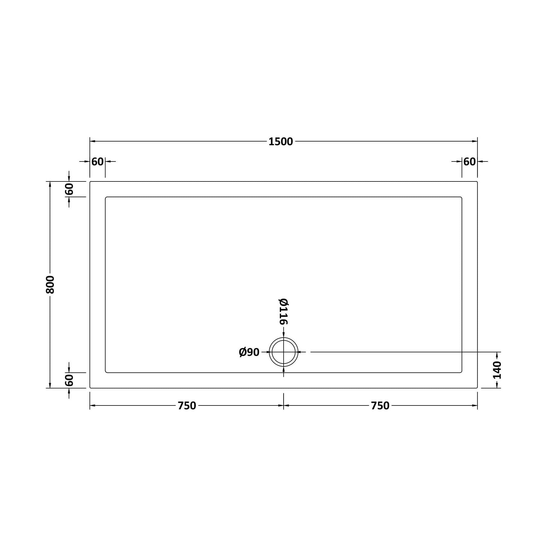 [BETSR043] 1500mm x 800mm Premium Slip Resistant Rectangular Shower Tray - White - Technical Drawing