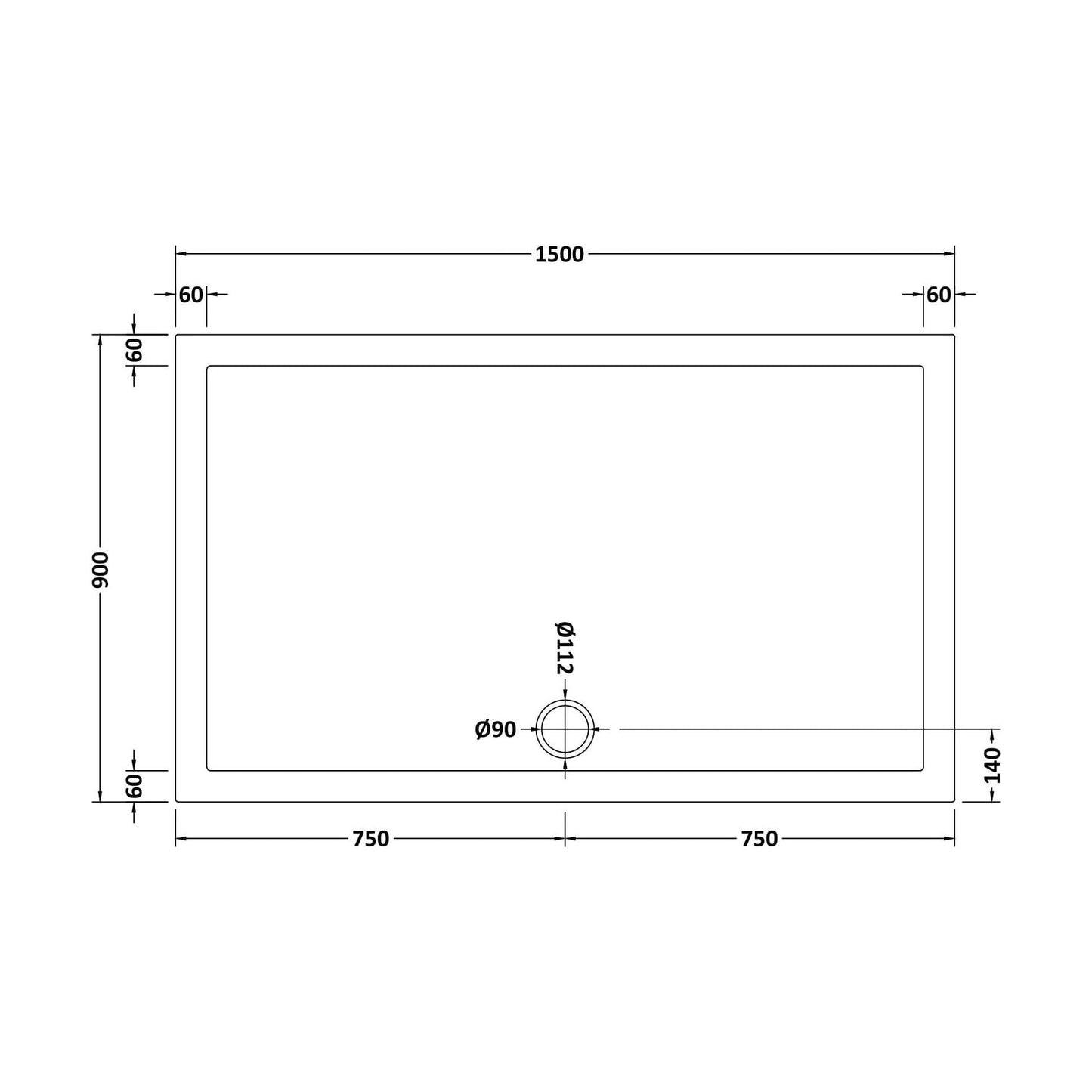 [BETSR044] Slip Resistant Slimline Rectangular Shower Tray - Choice of Size - Technical Drawing