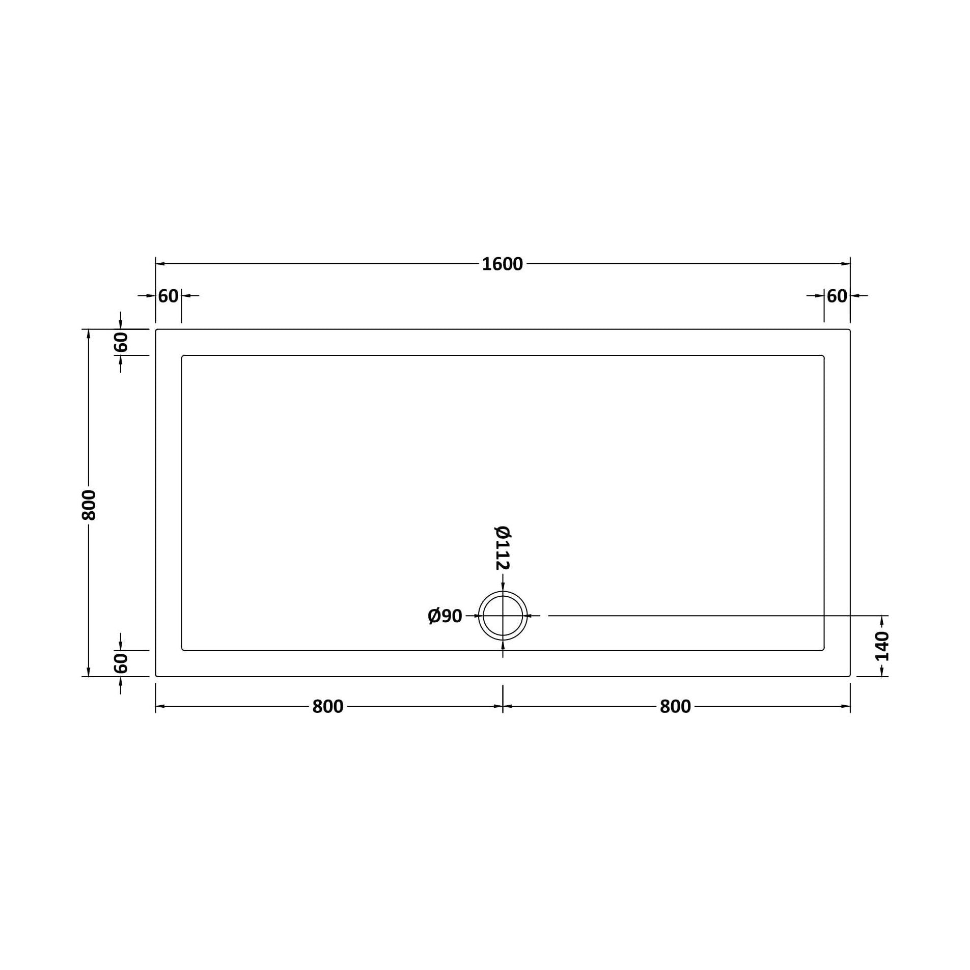 [BETSR053] 1600mm x 800mm Premium Slip Resistant Rectangular White Stone Resin Shower Tray - Easy Clean Finish by Balterley - Technical Drawing