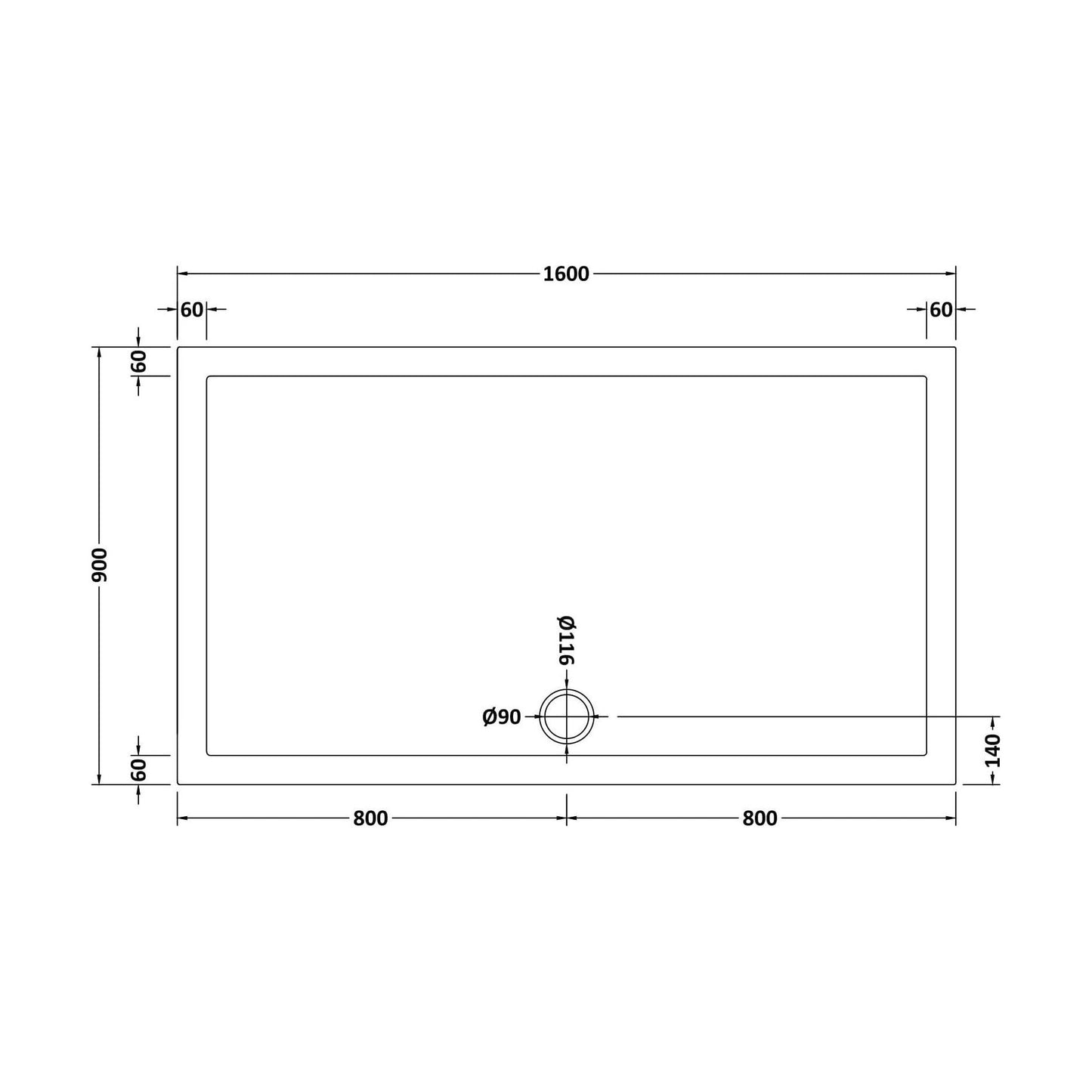 [BETSR054] 1600mm x 900mm Premium Slip Resistant Rectangular White Stone Resin Shower Tray - Easy Clean Finish by Balterley - Technical Drawing