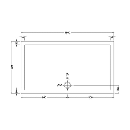 [BETSR054] 1600mm x 900mm Premium Slip Resistant Rectangular White Stone Resin Shower Tray - Easy Clean Finish by Balterley - Technical Drawing