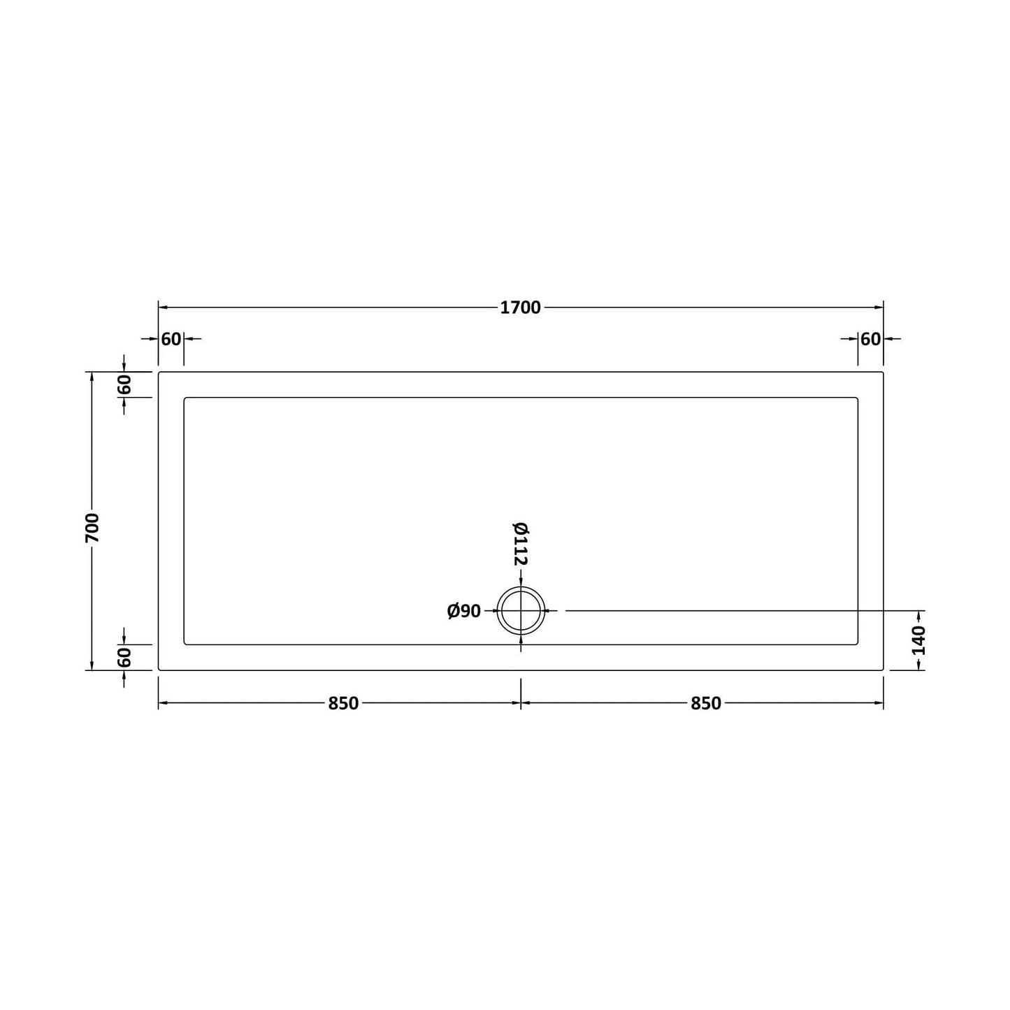 [BETSR061] Slip Resistant Slimline Rectangular Shower Tray - Choice of Size - Technical Drawing