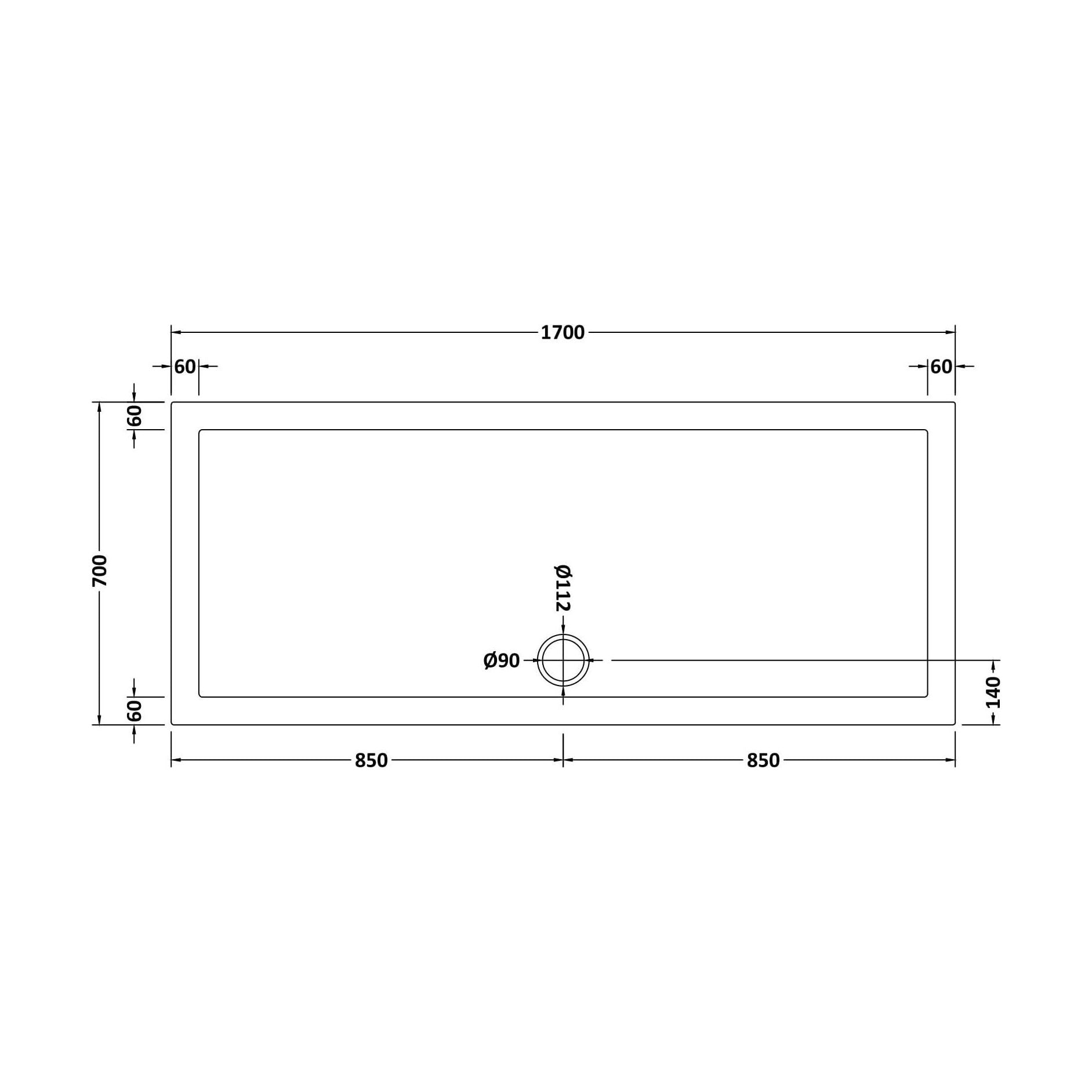 [BETSR061] Slip Resistant Slimline Rectangular Shower Tray - Choice of Size - Technical Drawing