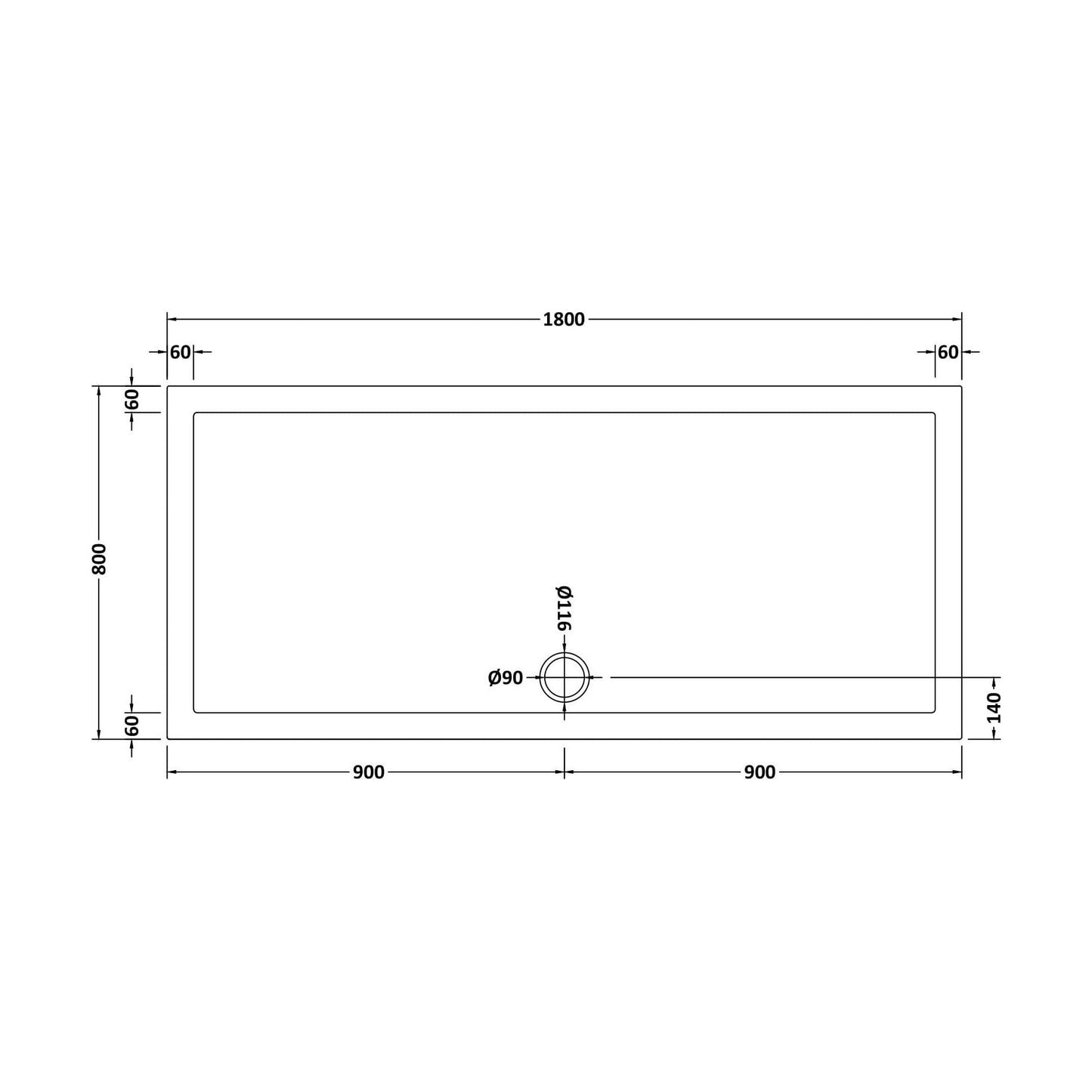 [BETSR073] Slip Resistant Slimline Rectangular Shower Tray - Choice of Size - Technical Drawing