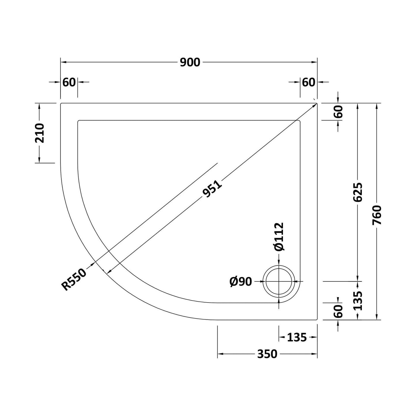 [BETSR101] Slip Resistant Slimline Offset Quadrant Shower Tray - Choice of Size and Orientation - Technical Drawing
