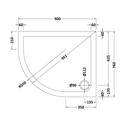 [BETSR101] Slip Resistant Slimline Offset Quadrant Shower Tray - Choice of Size and Orientation - Technical Drawing