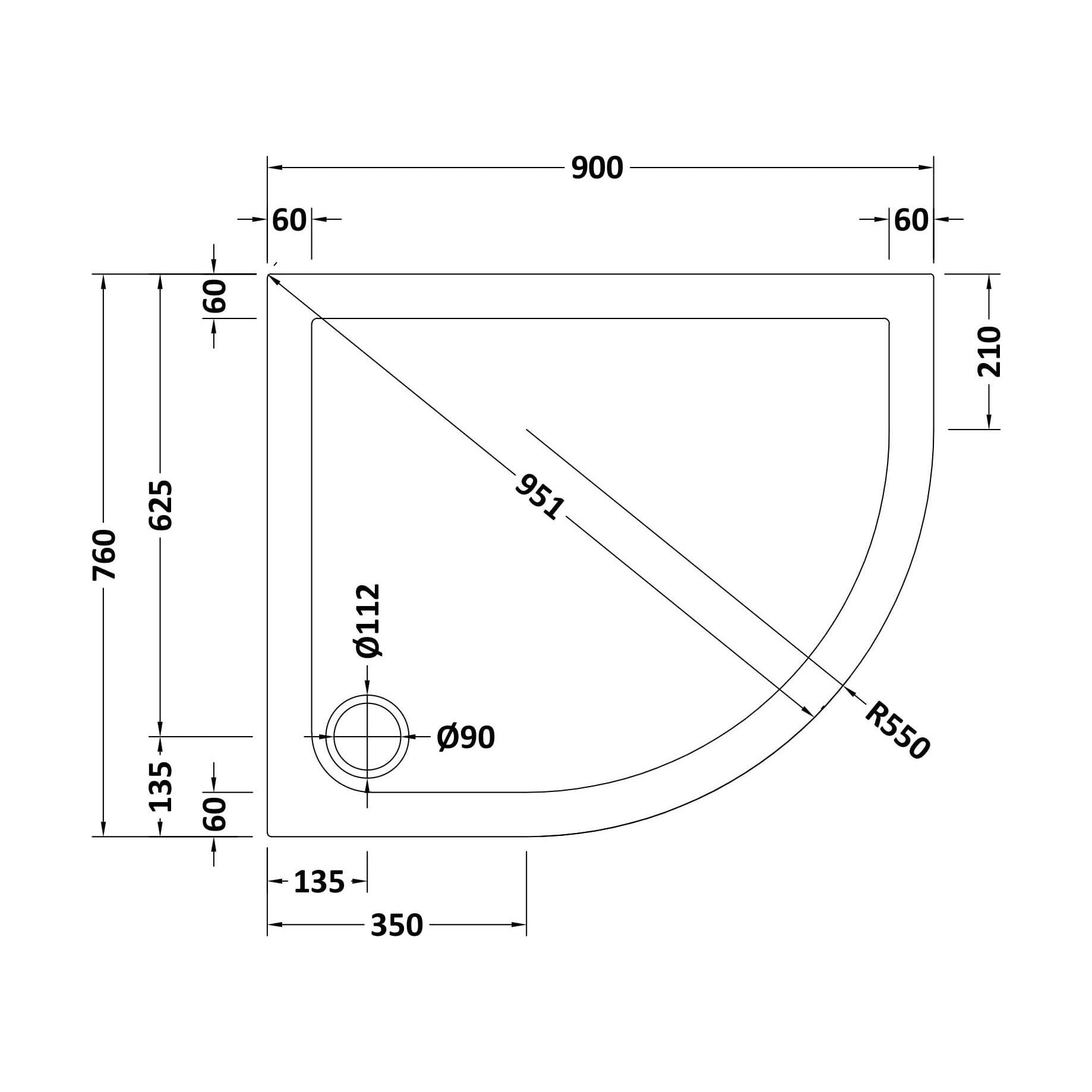 [BETSR102] Slip Resistant Slimline Offset Quadrant Shower Tray - Choice of Size and Orientation - Technical Drawing
