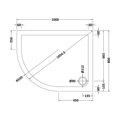 [BETSR108] Slip Resistant Slimline Offset Quadrant Shower Tray - Choice of Size and Orientation - Technical Drawing