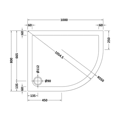 [BETSR109] Slip Resistant Slimline Offset Quadrant Shower Tray - Choice of Size and Orientation - Technical Drawing