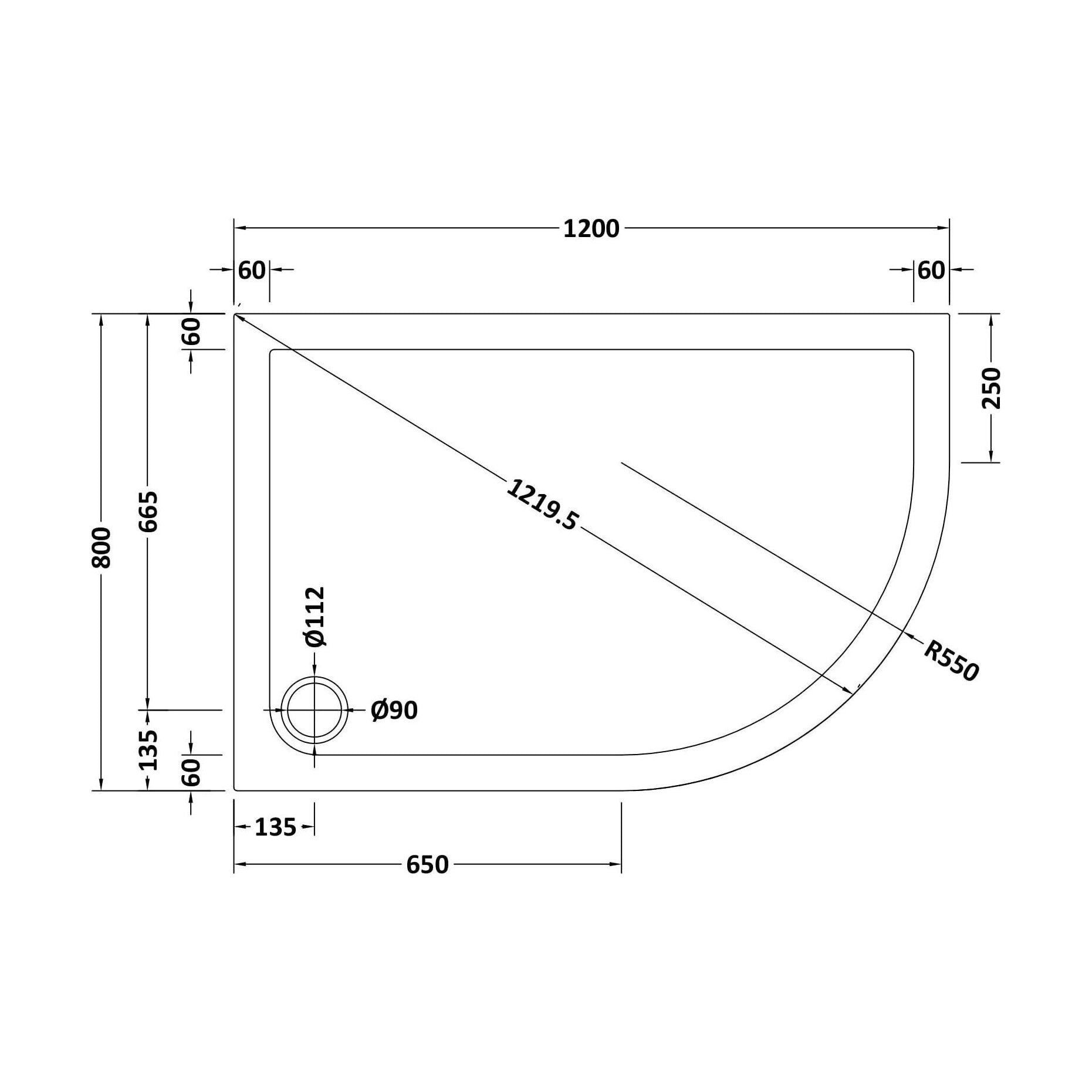 [BETSR113] Slip Resistant Slimline Offset Quadrant Shower Tray - Choice of Size and Orientation - Technical Drawing