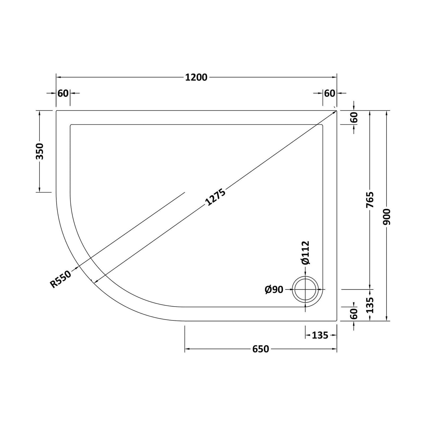 [BETSR114] Slip Resistant Slimline Offset Quadrant Shower Tray - Choice of Size and Orientation - Technical Drawing