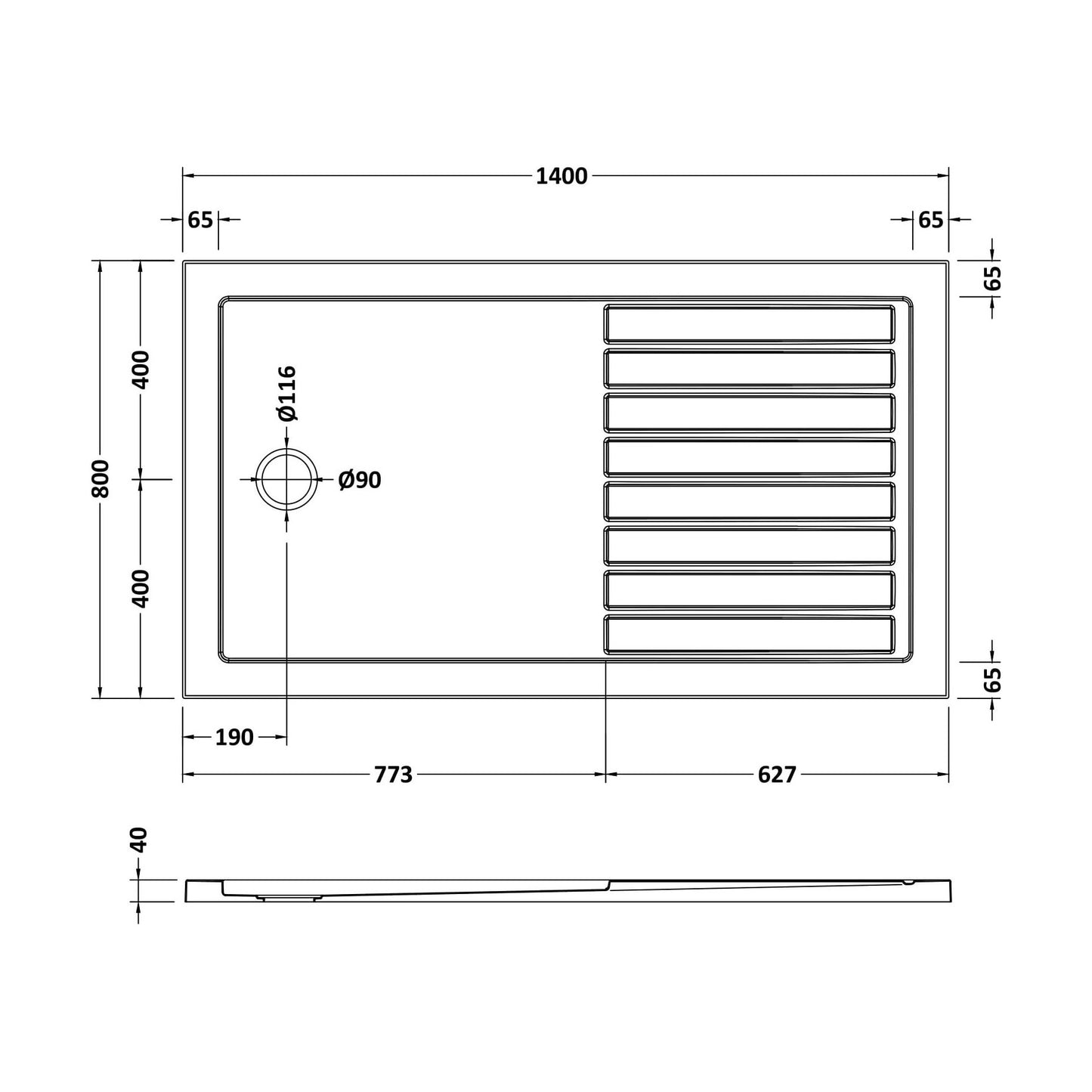 [BETSR1480] SR Walk In Shower Tray 1400x800x40 - Technical Drawing
