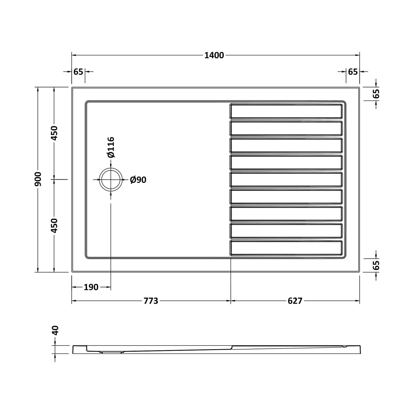 [BETSR1490] SR Walk In Shower Tray 1400x900x40 - Technical Drawing