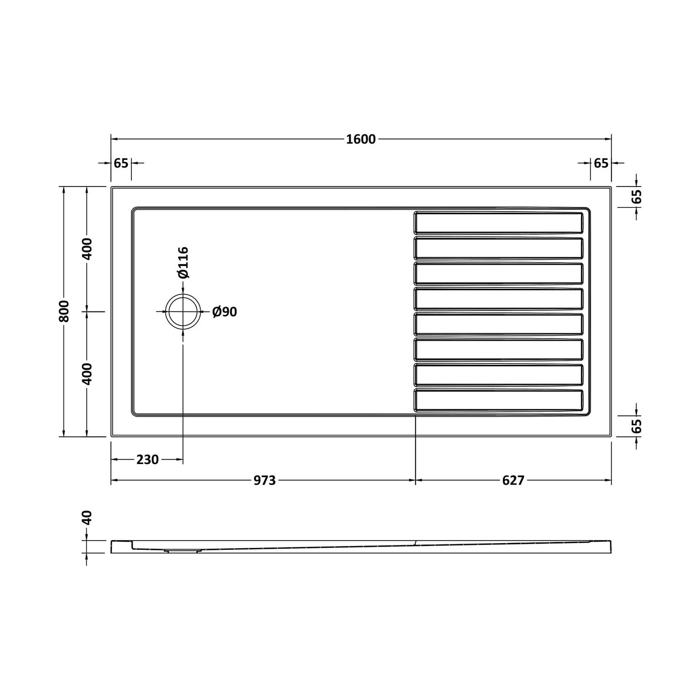 [BETSR1680] SR Walk In Shower Tray 1600x800x40 - Technical Drawing