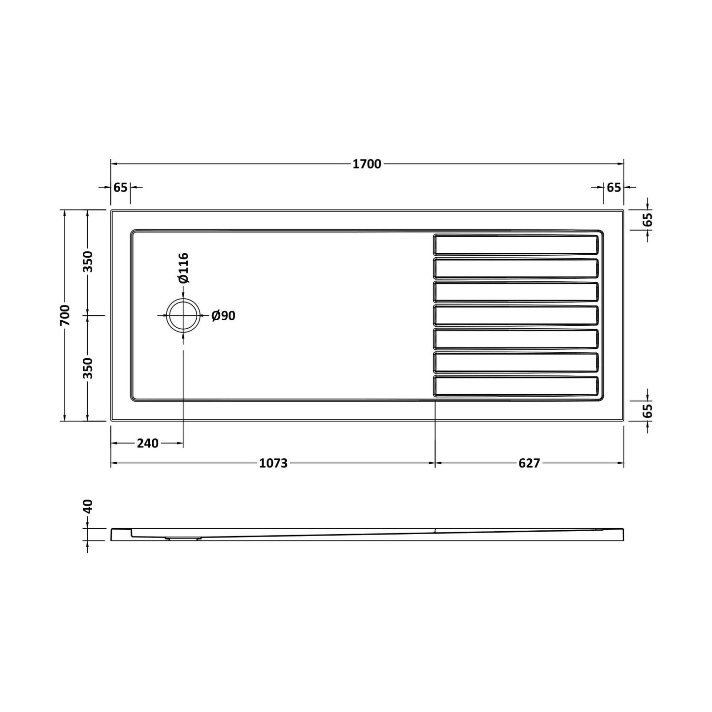 [BETSR1770] SR Walk In Shower Tray 1700x700x40 - Technical Drawing