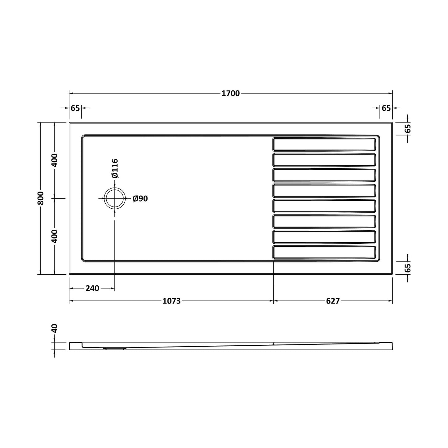 [BETSR1780] SR Walk In Shower Tray 1700x800x40 - Technical Drawing