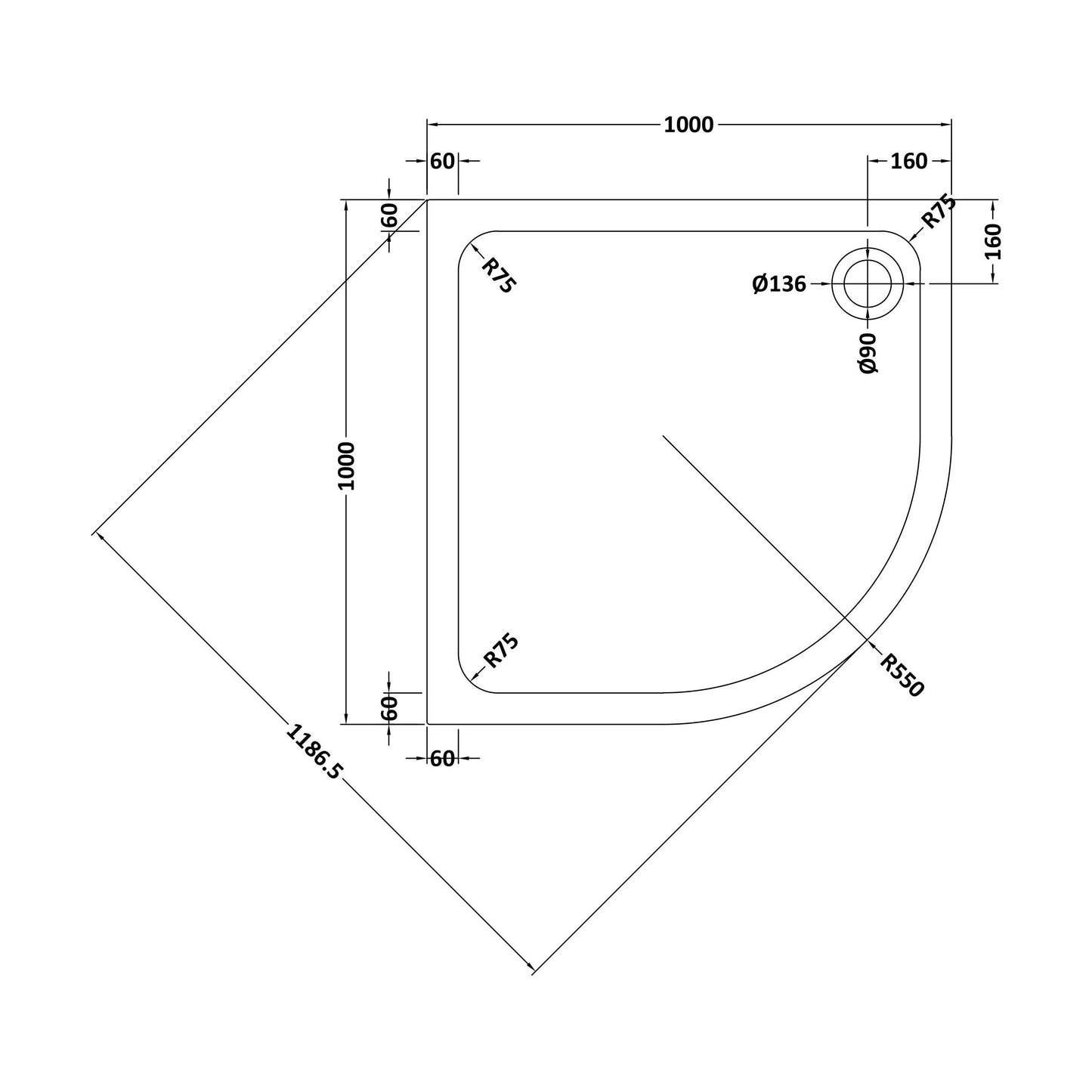 [BETTR71010Q] Stone Tray 1000 Quad - Slate - Technical Drawing