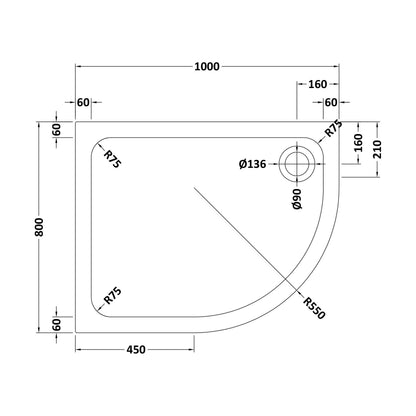 [BETTR71080QR] Stone Tray 1000x800RH Quad Slate - Technical Drawing