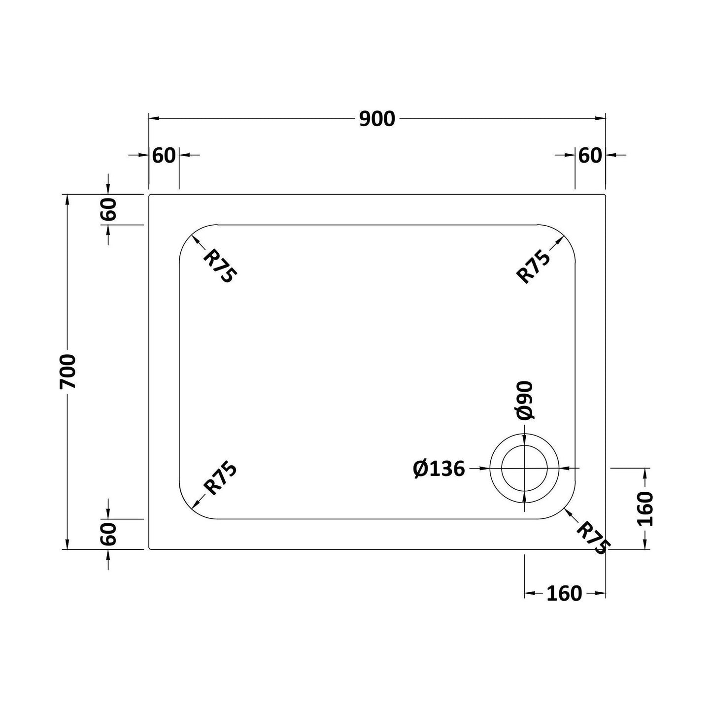 [BETTR79070] Stone Tray 900x700 - Slate - Technical Drawing