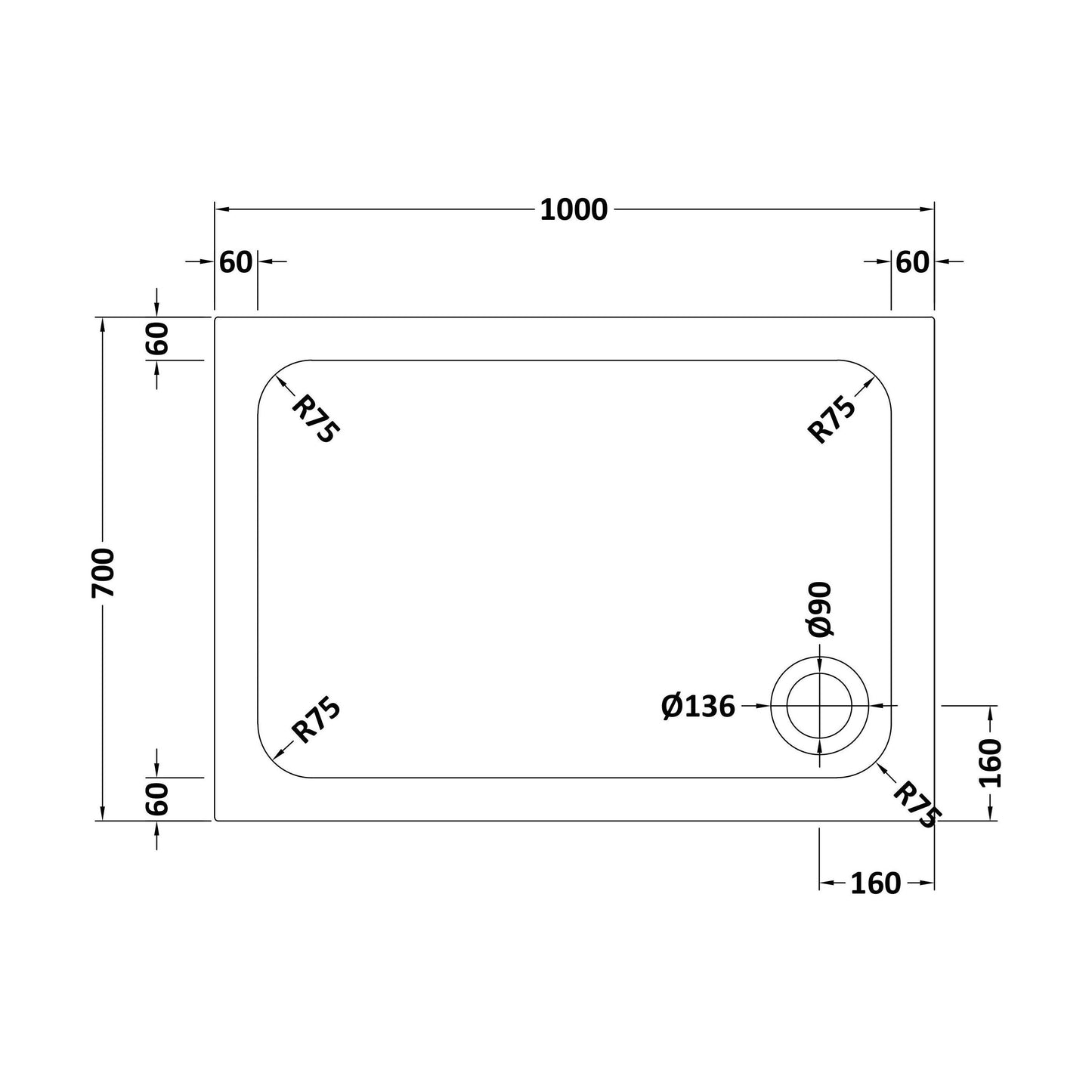 [BETTR91070] White Rectangular Stone Resin Premium Shower Tray with Corner Waste Position - Multiple Sizes Available - Technical Drawing