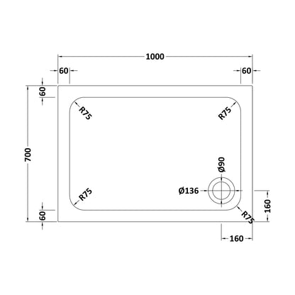 [BETTR91070] White Rectangular Stone Resin Premium Shower Tray with Corner Waste Position - Multiple Sizes Available - Technical Drawing