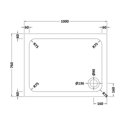 [BETTR91076] White Rectangular Stone Resin Premium Shower Tray with Corner Waste Position - Multiple Sizes Available - Technical Drawing