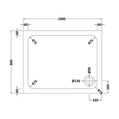 [BETTR91080] White Rectangular Stone Resin Premium Shower Tray with Corner Waste Position - Multiple Sizes Available - Technical Drawing