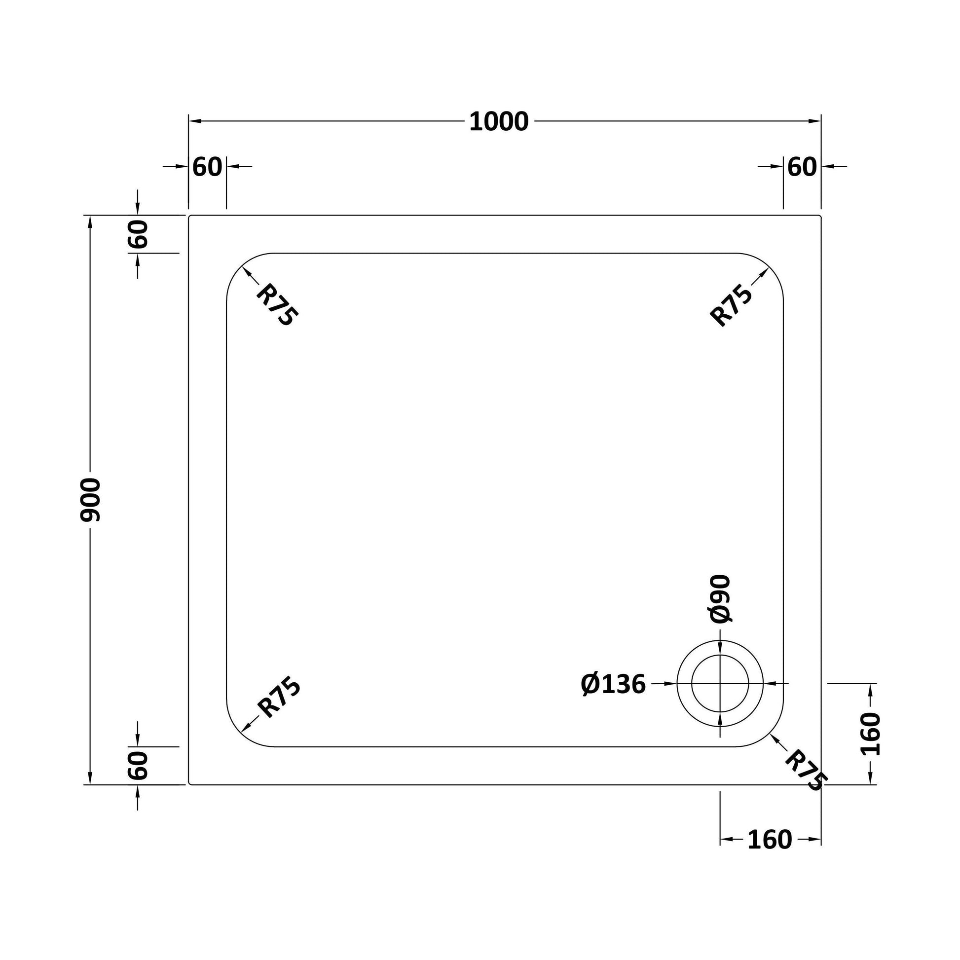 [BETTR91090] White Rectangular Stone Resin Premium Shower Tray with Corner Waste Position - Multiple Sizes Available - Technical Drawing