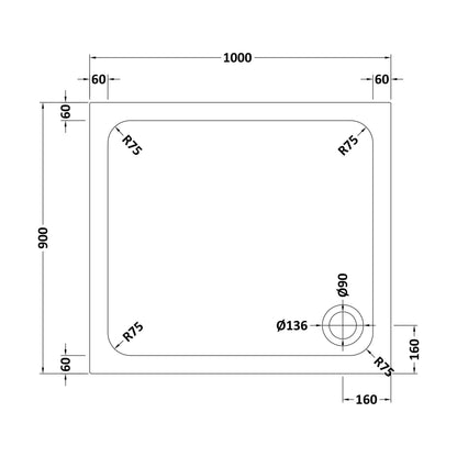 [BETTR91090] White Rectangular Stone Resin Premium Shower Tray with Corner Waste Position - Multiple Sizes Available - Technical Drawing