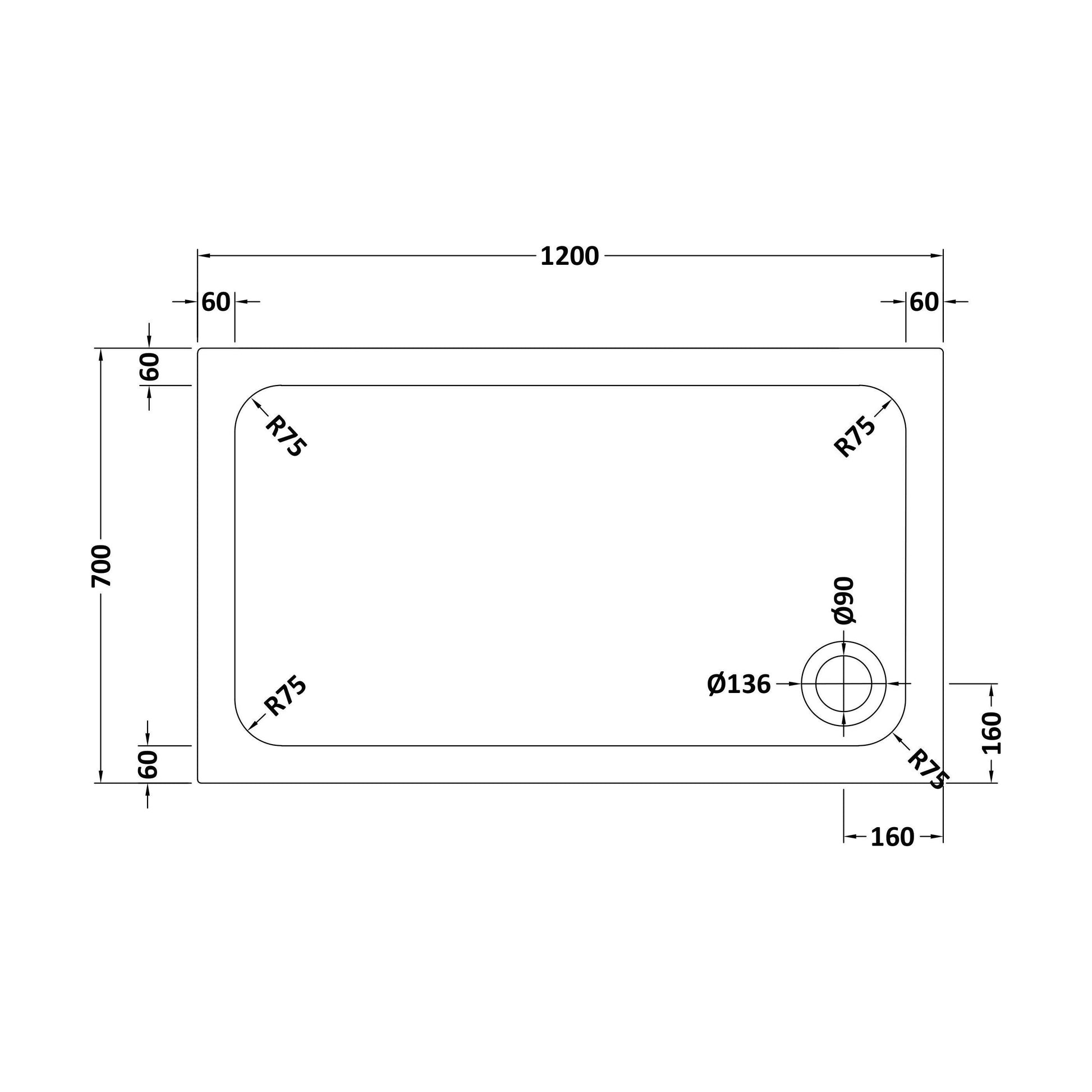 [BETTR91270] White Rectangular Stone Resin Premium Shower Tray with Corner Waste Position - Multiple Sizes Available - Technical Drawing