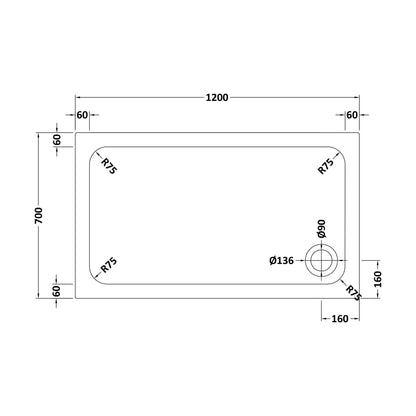 [BETTR91270] White Rectangular Stone Resin Premium Shower Tray with Corner Waste Position - Multiple Sizes Available - Technical Drawing