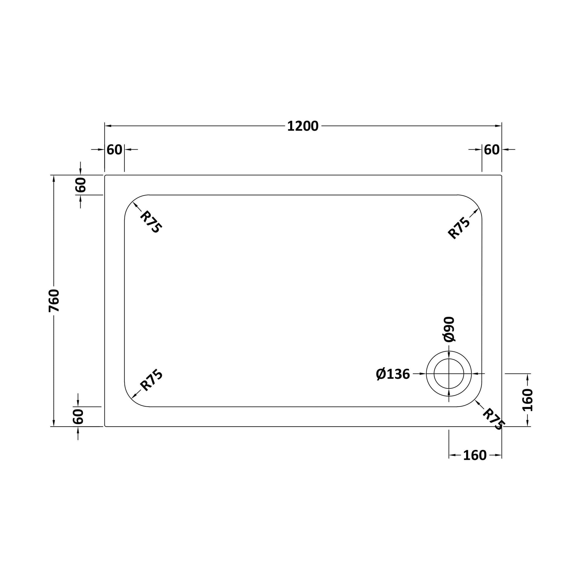 [BETTR91276] White Rectangular Stone Resin Premium Shower Tray with Corner Waste Position - Multiple Sizes Available - Technical Drawing