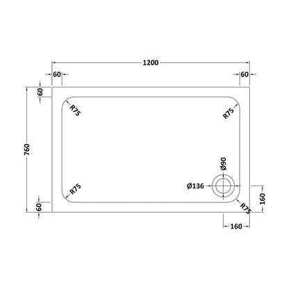 [BETTR91276] White Rectangular Stone Resin Premium Shower Tray with Corner Waste Position - Multiple Sizes Available - Technical Drawing