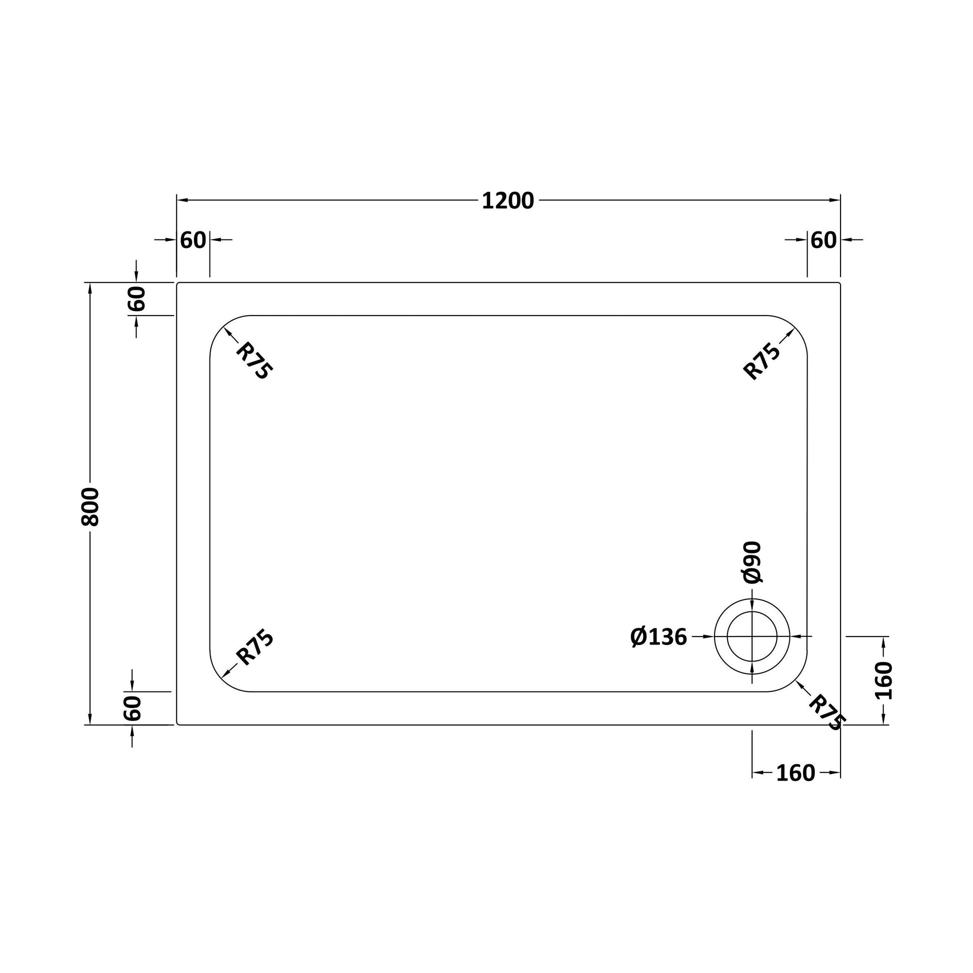 [BETTR91280] White Rectangular Stone Resin Premium Shower Tray with Corner Waste Position - Multiple Sizes Available - Technical Drawing