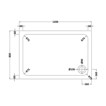 [BETTR91280] White Rectangular Stone Resin Premium Shower Tray with Corner Waste Position - Multiple Sizes Available - Technical Drawing