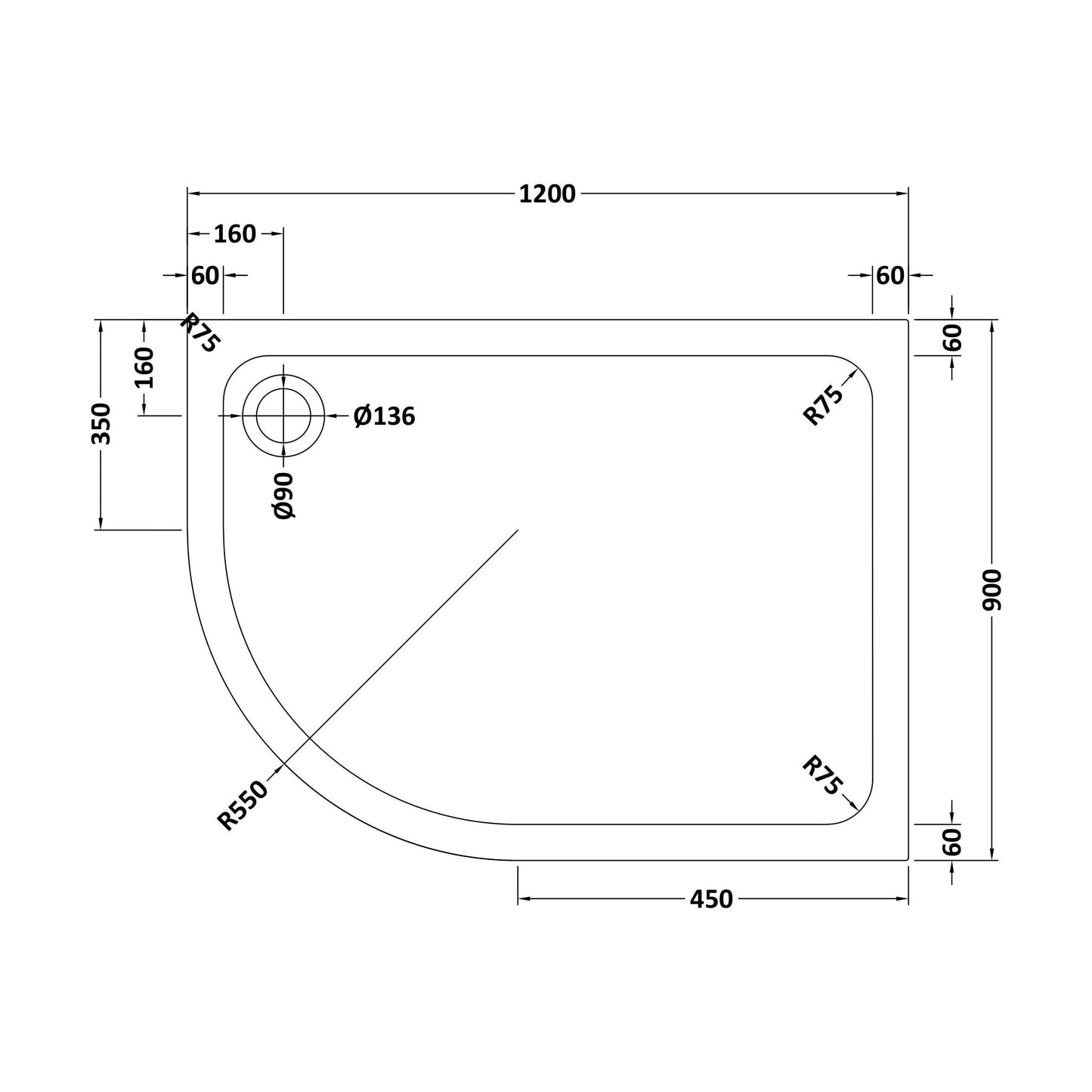 [BETTR91290QL] Bathroom Offset Quadrant Shower Tray - Choice of Size and Orientation - Technical Drawing