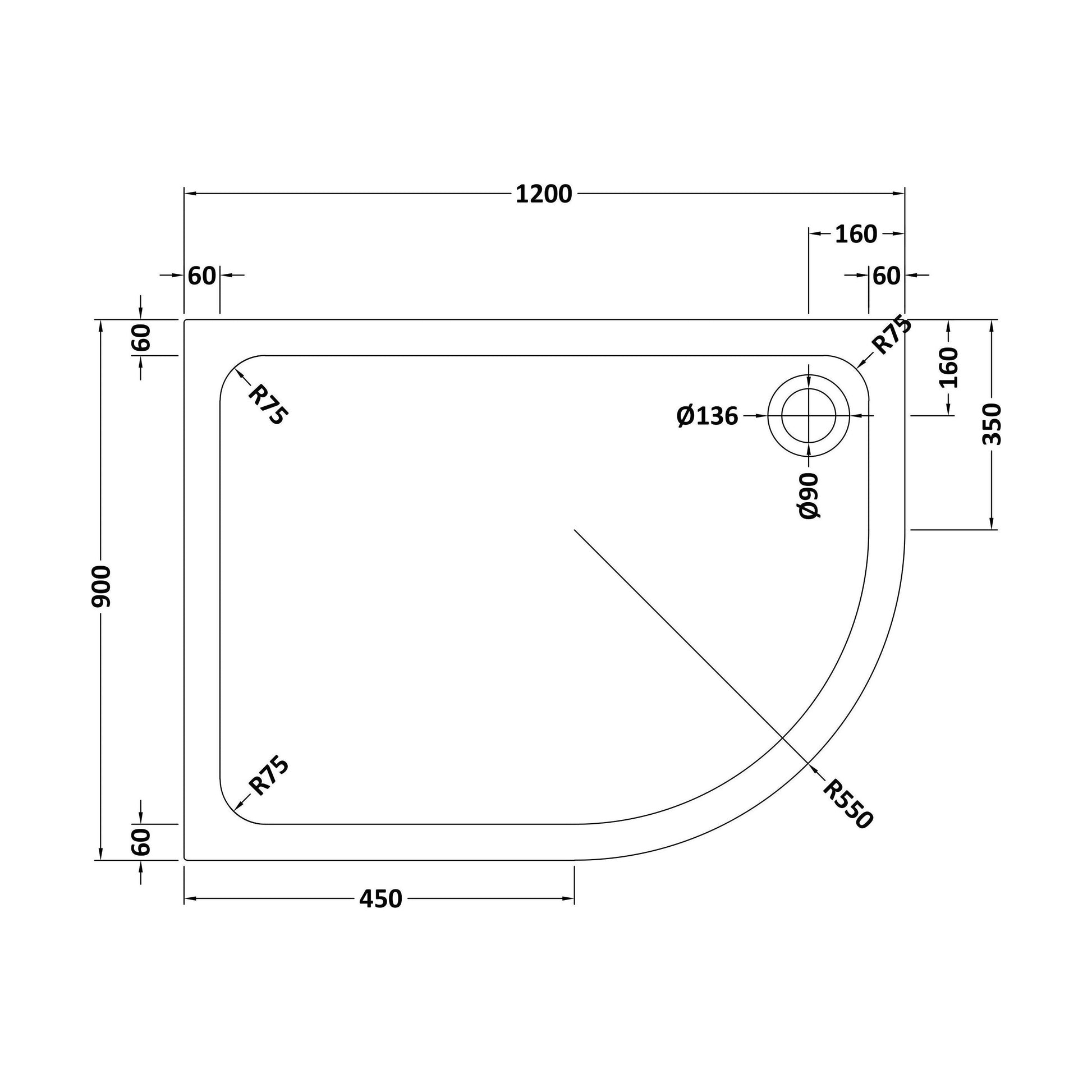 [BETTR91290QR] Bathroom Offset Quadrant Shower Tray - Choice of Size and Orientation - Technical Drawing