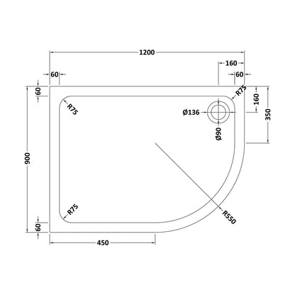 [BETTR91290QR] Bathroom Offset Quadrant Shower Tray - Choice of Size and Orientation - Technical Drawing