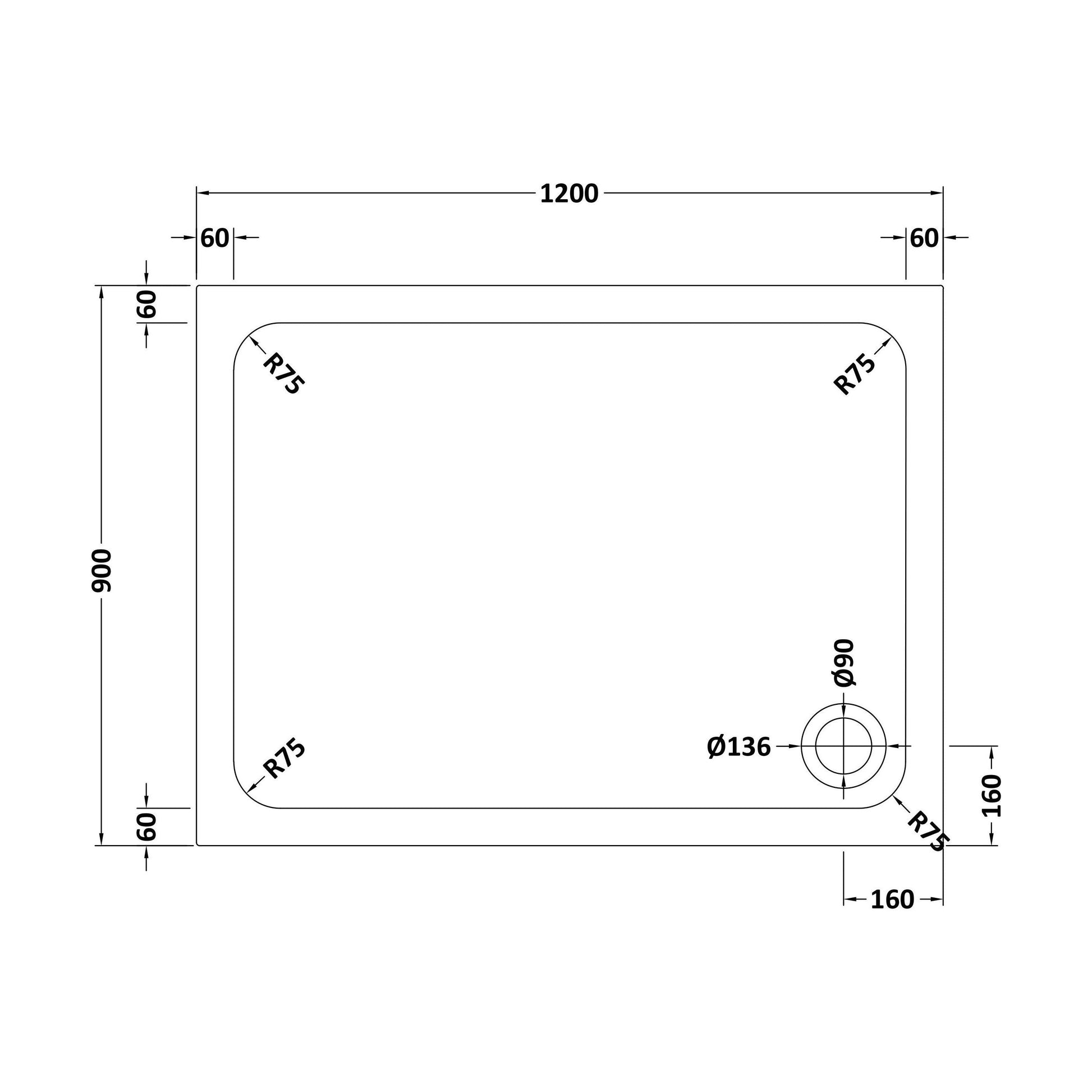 [BETTR91290] White Rectangular Stone Resin Premium Shower Tray with Corner Waste Position - Multiple Sizes Available - Technical Drawing