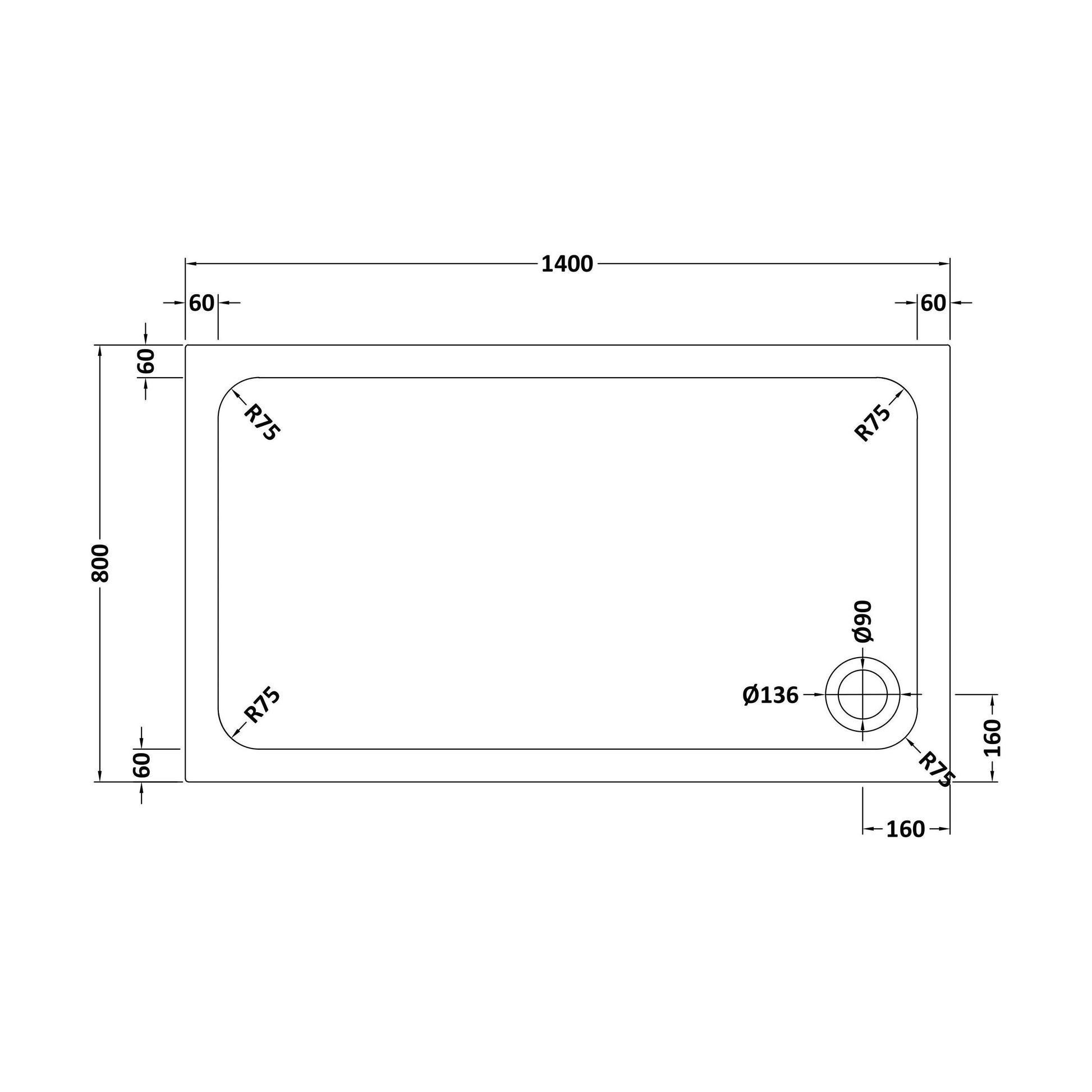 [BETTR91480] White Rectangular Stone Resin Premium Shower Tray with Corner Waste Position - Multiple Sizes Available - Technical Drawing