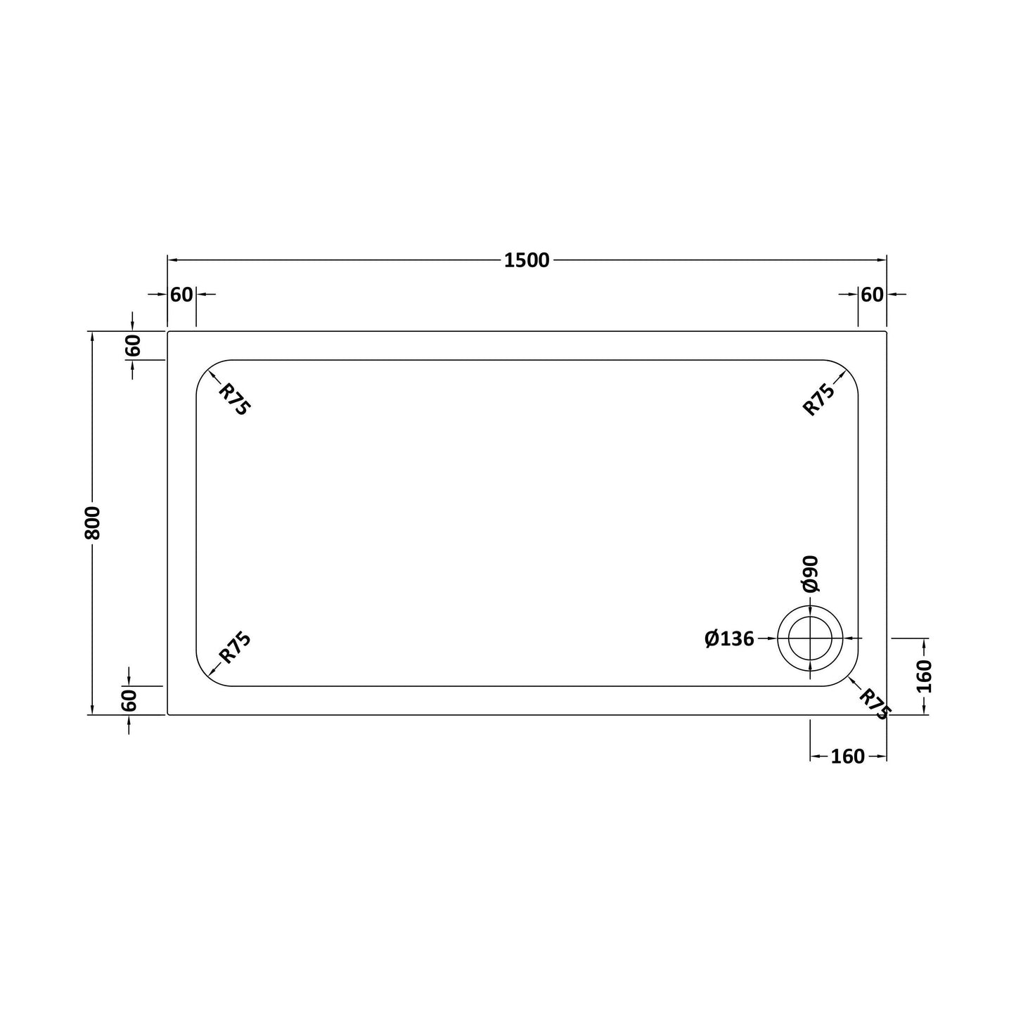 [BETTR91580] White Rectangular Stone Resin Premium Shower Tray with Corner Waste Position - Multiple Sizes Available - Technical Drawing